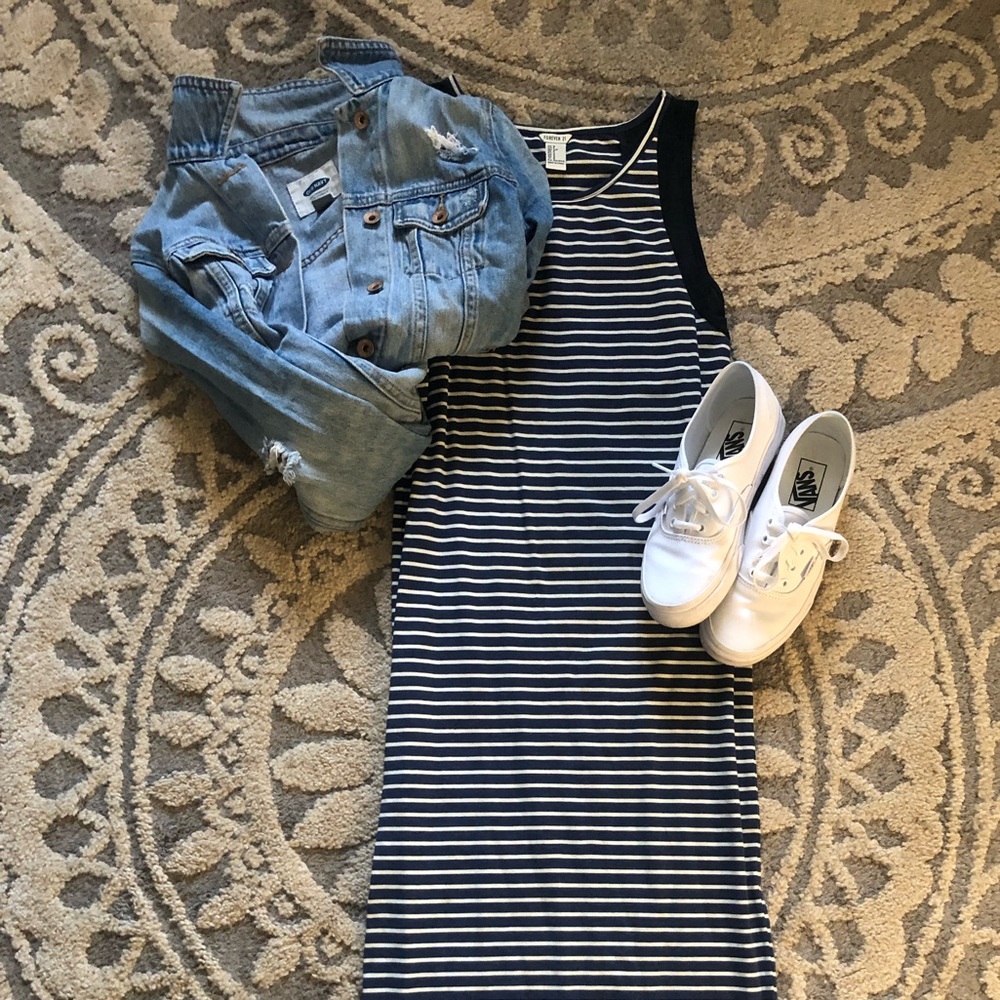 Navy and white striped, mid-length dress